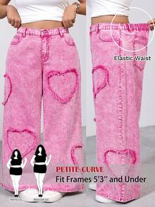 SHEIN PETITE CURVE 春夏大码女装情人节派对、度假、通勤、时尚柔软面料粉色雪花刺绣心形贴花拼接心形图案休闲粉色牛仔裤 - 粉色 - 查看 1