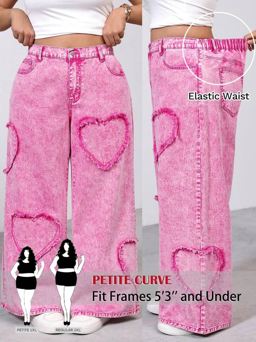 SHEIN PETITE CURVE 春夏大码女装情人节派对、度假、通勤、时尚柔软面料粉色雪花刺绣心形贴花拼接心形图案休闲粉色牛仔裤 - 粉色 - 查看 1