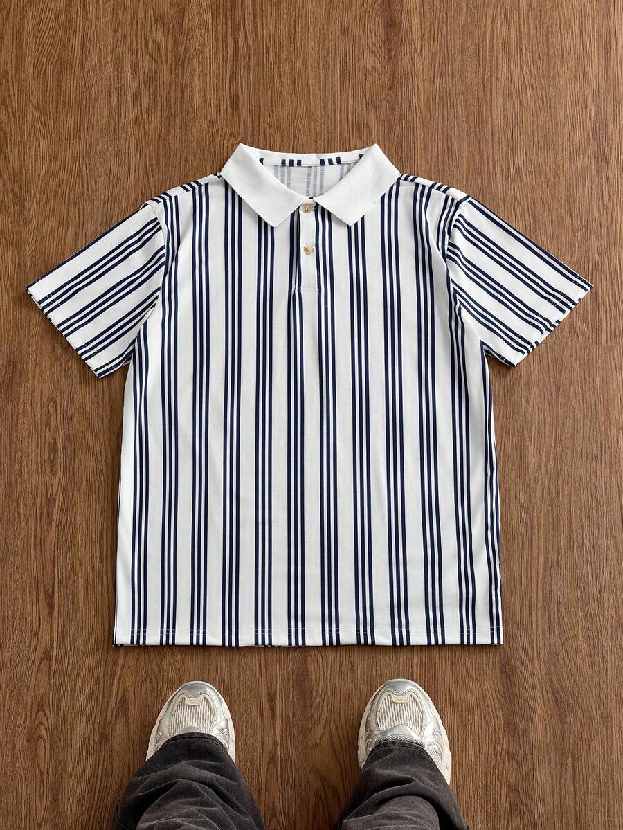 SWAVVY Men's Striped Casual Commuter Short Sleeve Polo Shirt - White - View 1