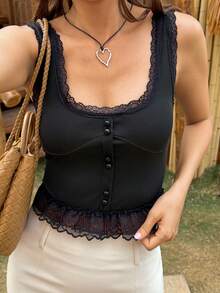 DAZY Áo camisole mùa hè dành cho nữ, cổ vuông, phối ren, dáng ôm, thoải mái. - màu đen - Xem 1