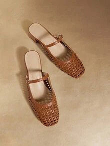 Rosivie Minimalist Modern Woven Mules, Square Toe Chunky Heel Mary Jane Slip-On, Niche Design Woven Mary Jane Slides, Square Toe Chunky Heel Single Strap Mules - Brown - View 5
