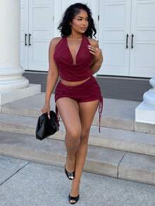 Alexandranx 女式闪亮亮片垂坠领短款细肩带背心和抽绳腰部紧身迷你裙性感套装 - 酒紅色 - 查看 3