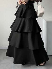 FRIFUL 女士休闲褶皱荷叶边长款喇叭裙，百搭纯色，适合春夏穿着 - 黑色 - 查看 3
