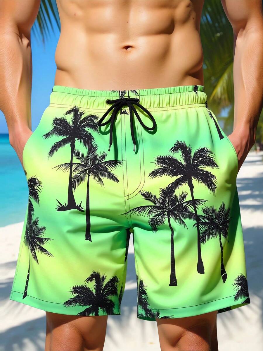 Surfspeed 男士棕榈树印花抽绳腰带沙滩短裤 - 綠色 - 查看 1