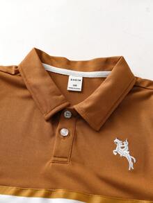 SHEIN Streecool Kids 2pcs/Set Young Boy Summer Casual Contrast Stripe Short Sleeve T-Shirt And Pants Set - Brown - View 4