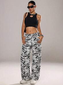 SHEIN ICON 女士迷彩印花低腰直筒牛仔裤 - 彩色 - 查看 6