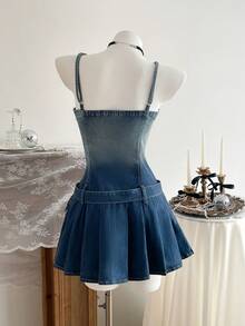 Elamini Women's Denim Pinafore Dress With Buckle Design And Pleated Hem - Blue - View 2