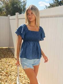 Sydney Algeri 藍色法式風格短袖上衣，方領及飛袖，夏季款 - 藍色 - 查看 3