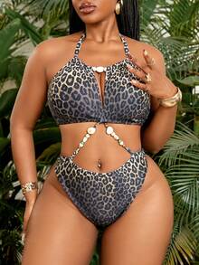 Slaydiva Plus Size European And American Style Leopard Print Halter One-Piece Swimsuit, Pearl Decor, Slimming - Coffee Brown - View 5