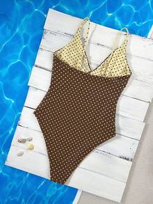 Swim Mod 2026春夏黄色底棕色波点+棕黄色条纹双面可调节细肩带连体泳衣 - 彩色 - 查看 4