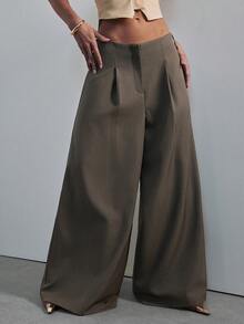 Hauture Women's Fashionable Solid Color Mid-Rise Wide Leg Pants, Old Money Aesthetic, Autumn Office Work Outfits, Elegant, Brunch Olive Green - Dark Grey - View 2