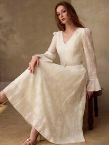 MOTF PREMIUM ELEGANT JACQUARD FABRIC FLARE SLEEVE BELTED LONG DRESS FOR WOMEN - Multicolor - View 3