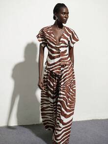 Aveloria Modichic Women's Deep V-Neck Zebra Print Short Sleeve Top And Wide Leg Pants, Suitable For Vacation, Party, And Daily Wear - Brown - View 3