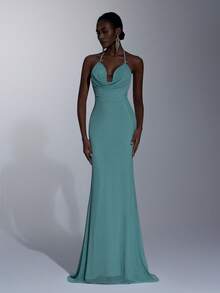 Elitara Elegant Teal Summer Bridesmaid Cocktail Evening Dress Mint Green High-Stretch Mesh Spaghetti Strap Halter Backless Fishtail Maxi With Metal Decor - Mint Green - View 3