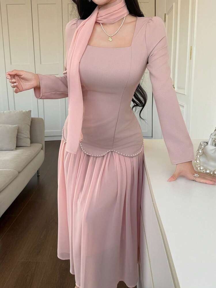 Women's Elegant Colorblock Square Collar Petal Sleeve Tie Waist Mid-Length Dress, Spring/Summer,Wedding Guest Dress Women Sundress