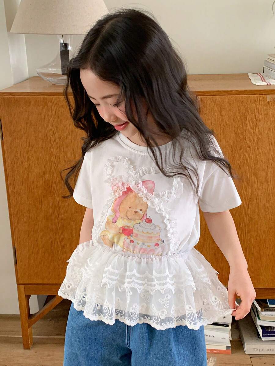 DAZY Young Girl' Round Neck Knit Butterfly Print Short Sleeve T-Shirt, Fall - White - View 1