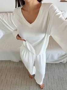 DAZY Minimalist Solid Color Soft Knit Women Pajama Set - White - View 1