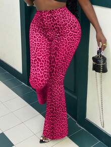 SHEIN SXY Pantalones acampanados de cintura alta con estampado de leopardo para fiesta y citas - Rosa Fucsia - Ver 3
