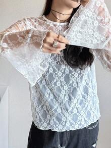 FRIFUL Áo thun nữ cổ tròn, chất liệu ren, tay loe, màu trơn, kiểu dáng thường ngày. - trắng - Xem 4