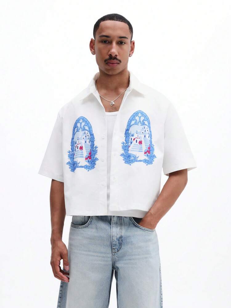 Chemise boutonnée ajustée court pour hommes avec graphiques de fenêtre de villégiature, manches courtes, blanche, décontractée pour les vacances d'été à la plage, col chemise