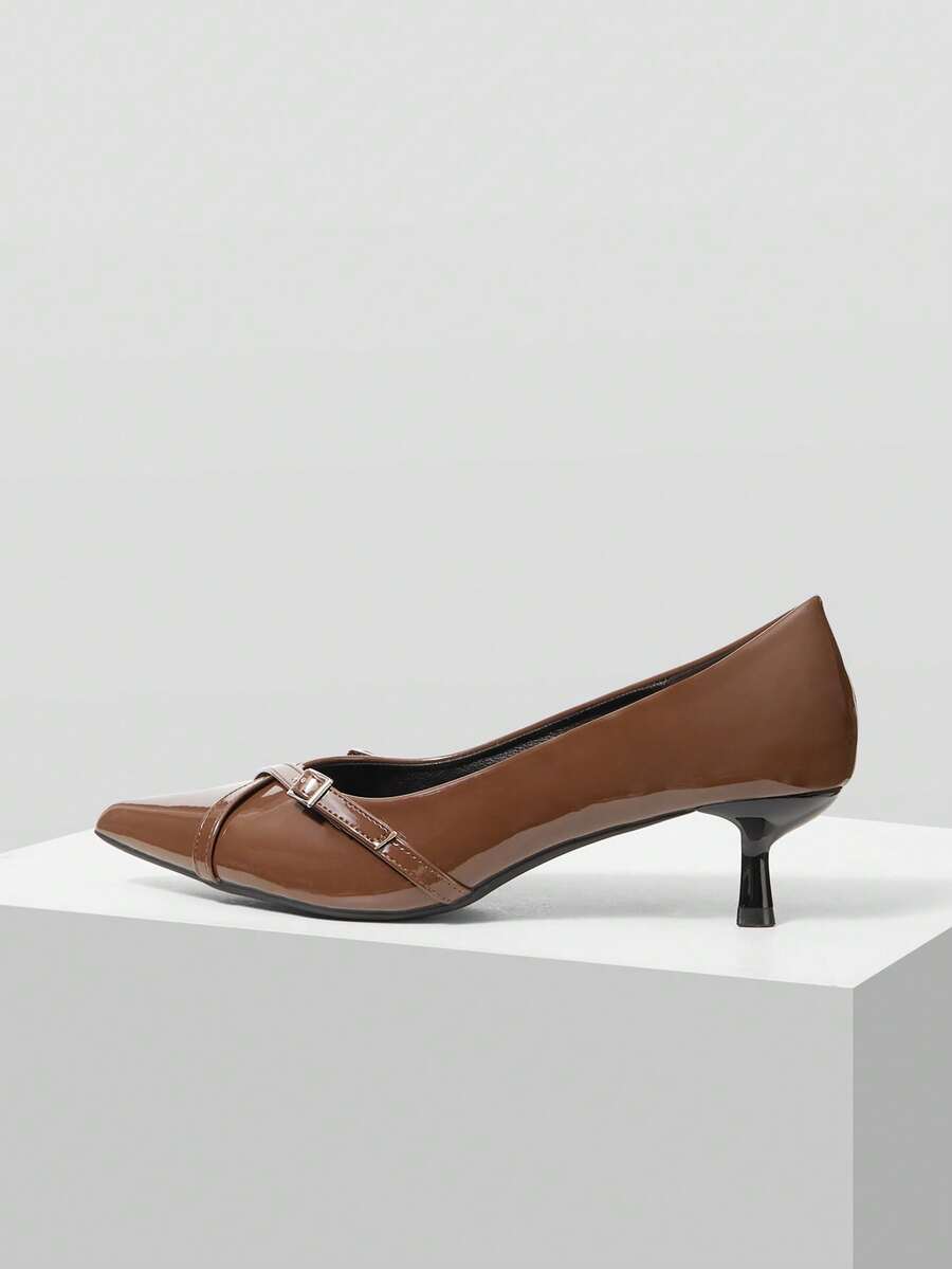 Mnmlis Women Shoes Spring And Autumn Cross Buckle Pointed Heel Commuter Patent Leather Brown Shoes Workplace Office - Brown - View 1