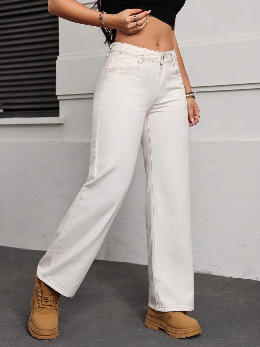 SHEIN PETITE Women's Pocket Button Casual Versatile Daily Wear Wide Leg Jeans - Apricot - View 1