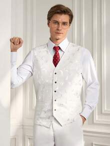 Officeau Áo vest công sở nam màu trắng in hình trăng khuyết, cổ chữ V, cài cúc phía trước, thích hợp cho trang phục trang trọng, dự tiệc cưới hoặc các dịp lễ hội. - trắng - Xem 1