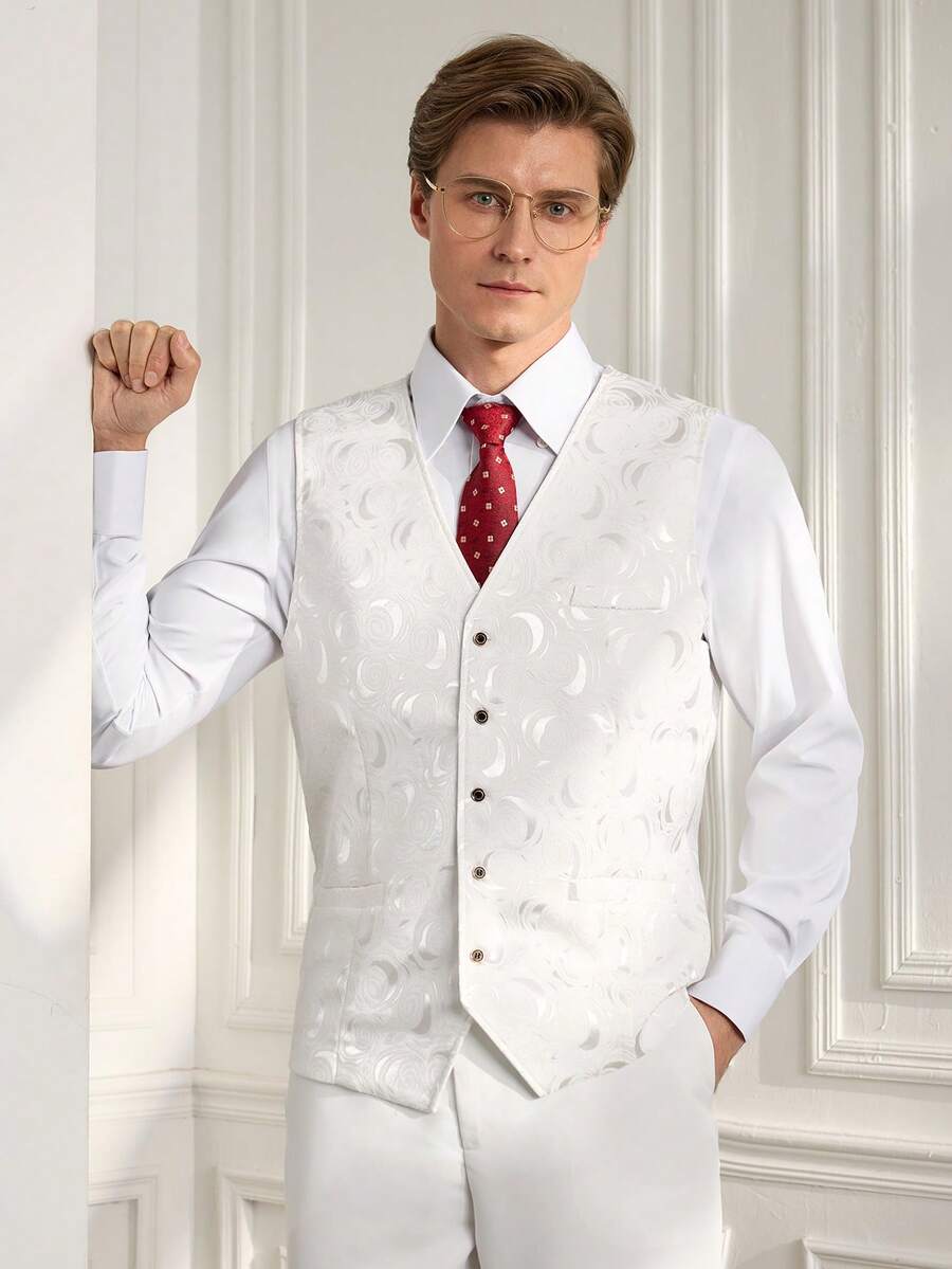 Officeau Áo vest công sở nam màu trắng in hình trăng khuyết, cổ chữ V, cài cúc phía trước, thích hợp cho trang phục trang trọng, dự tiệc cưới hoặc các dịp lễ hội. - trắng - Xem 1