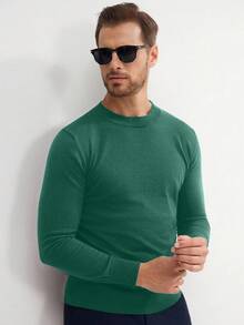 Manfinity Mode Áo len chui đầu cổ tròn tay dài màu trơn thường ngày cho nam, Thu/Đông - Màu xanh lá cây đậm - Xem 7