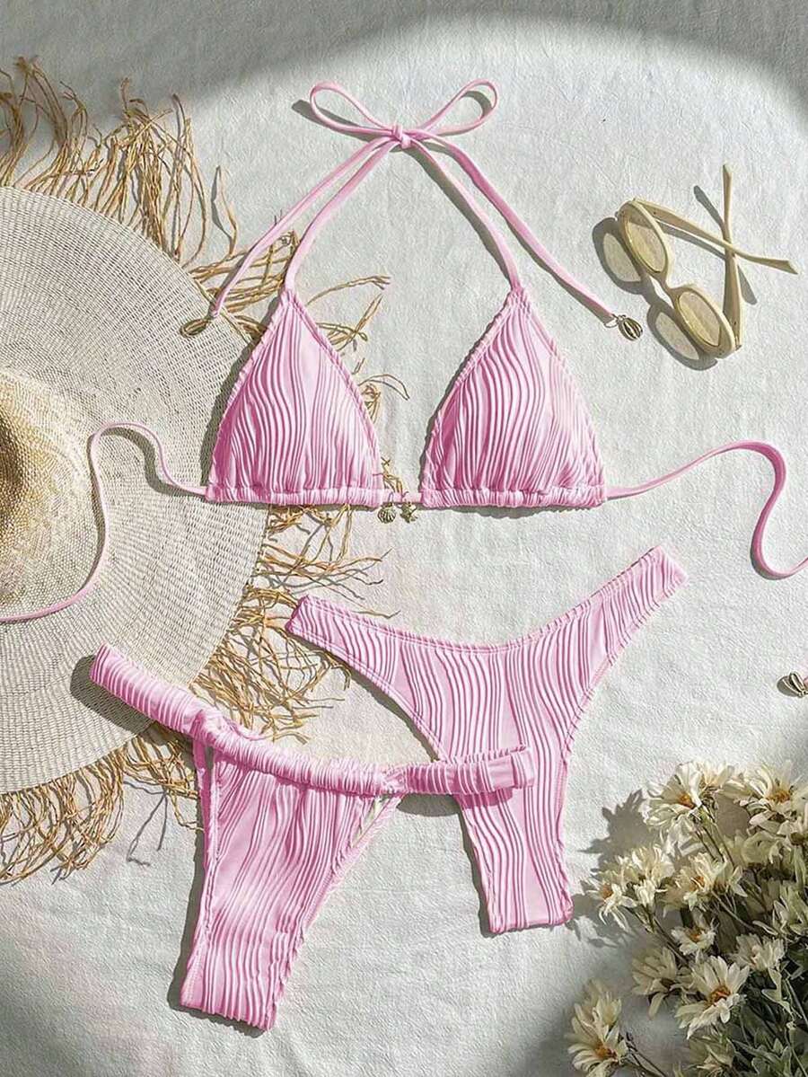Swim Mod 3pcs Beach Outfits For Women, Solid Color Textured Fabric Halter Sexy Retro Bikini Set - Baby Pink - View 1