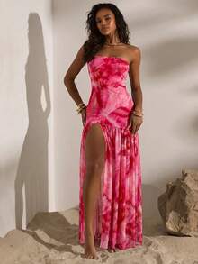 Opulessa Vestido ajustado con abertura y estampado de malla de punto para mujer, ideal para primavera y verano - Rosa - Ver 4