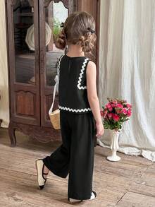 2 pièces Ensemble débardeur rond unicolore et pantalon ample décontracté pour jeune fille - Noir - Voir 3
