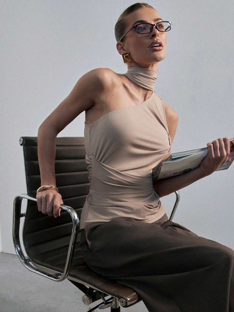 Hauture Women's One Shoulder Asym Stretch Knit Top With Mock Neck Sexy Office Wear - Camel - View 1