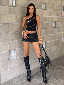 EgrlEra 女士性感黑色不对称露肩提花吊带背心 - 黑色 - 查看 6