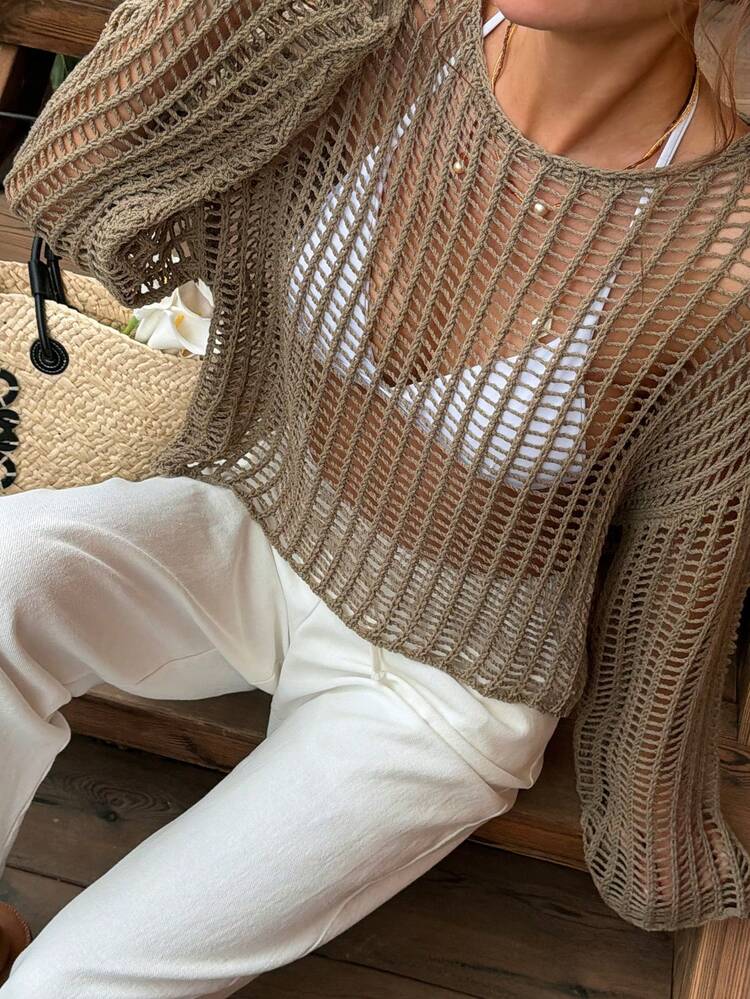 Women's Crew Neck Hollow-Out Long Sleeve Sheer Knit Top Summer