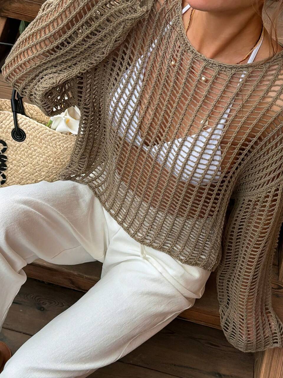 Women's Crew Neck Hollow-Out Long Sleeve Sheer Knit Top Summer Cover Ups For Swimwear