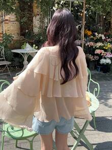 DAZY Women's Casual Loose Chiffon Ruffle Hem Long Sleeve Tie Front Vacation Blouse Shirt - Pink - View 2