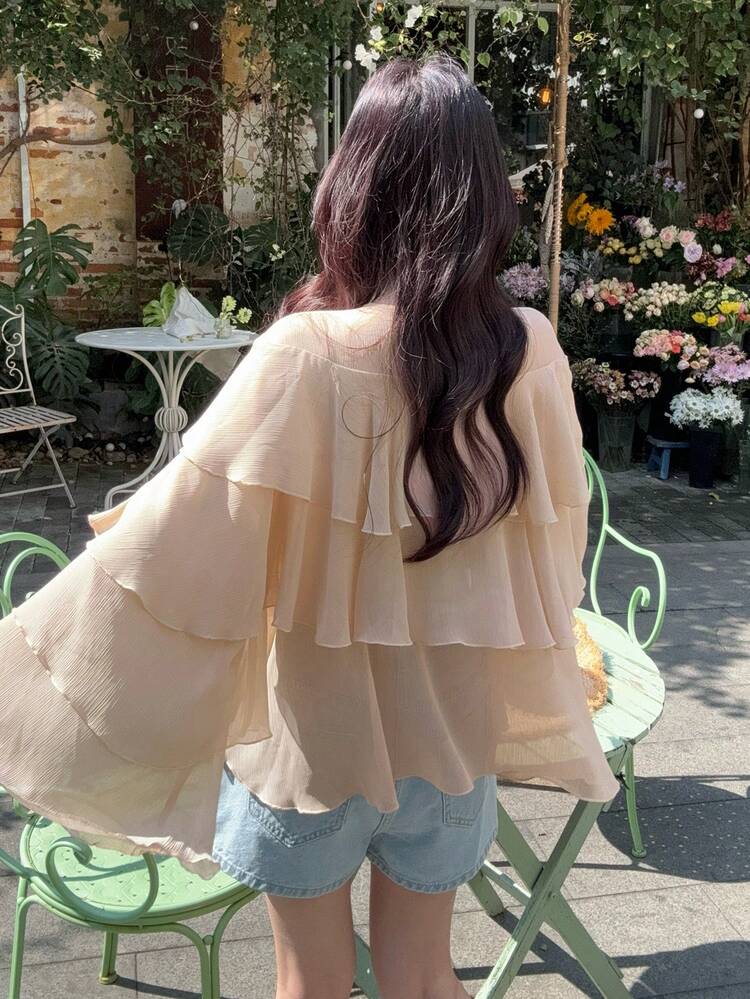 Women's Casual Loose Chiffon Ruffle Hem Long Sleeve Tie Front Vacation Blouse Shirt