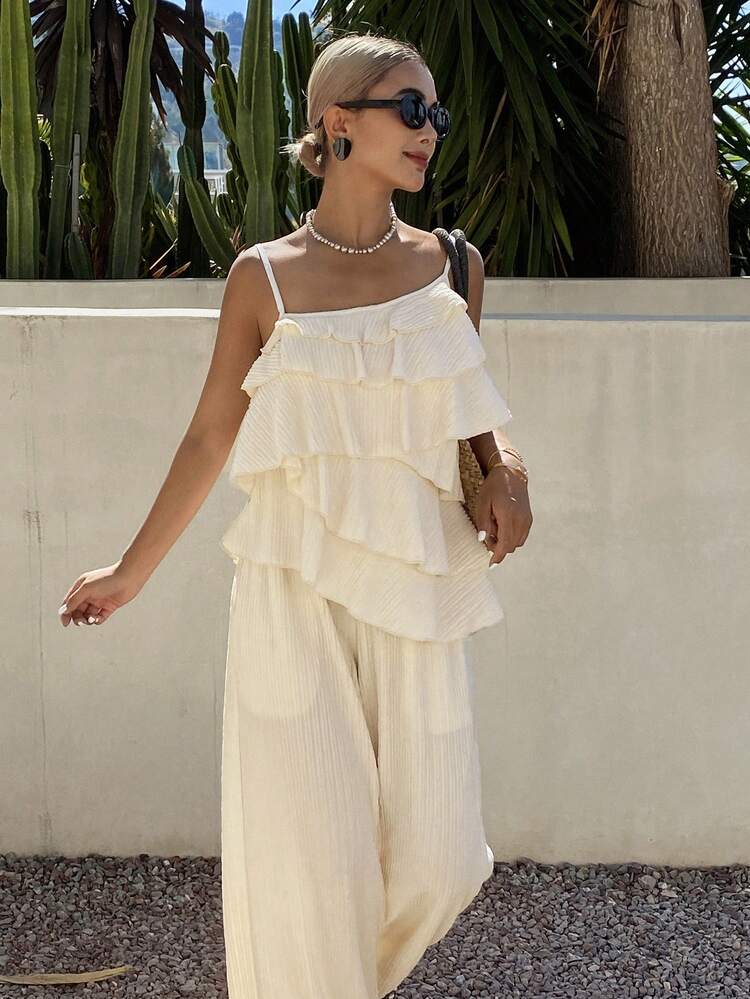 Women's Vacation Solid Color Asymmetric Ruffle Camisole Top And Pants Casual 2 Pieces Set Summer