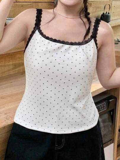 Dazy Plus Street Style Tight Fitting Polka Dot Lace Patchwork Plus Size Women Tank Top, Spring/Summer