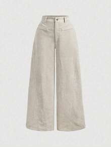 Wide-Legged Pants With One-Colored Front Buttons, Suitable For Daily Wear - Apricot - View 7