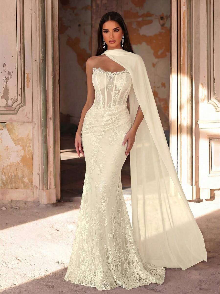 Glamrae Elegant Luxurious Stretchy Lace Ruched Sexy Bandeau Mermaid Dress With Detachable Sequin Skirt, Suitable For Wedding, Party, Honeymoon - Beige - View 1