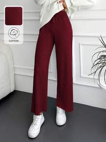 RueChic Cotton Solid Straight Leg Slant Pocket Casual Pants - Burgundy - View 1