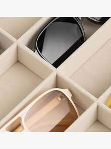 Fashion Glasses Storage Box, Beige Velvet Glasses Tray - Glasses, Watch, And Jewelry Display Box - Unisex (8 Compartments), 8-Compartment Velvet Fashion Glasses And Jewelry Storage Tray, Polyester Fabric Glasses And Accessories - E - View 9