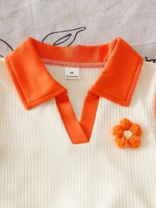 SHEIN Genkimix Kids Young Girl Casual Cute 3D Flower Colorblock Lapel Sleeveless Top & Denim Skorts Set,Orange Summer Outfit For School,Back-To-School Kids Clothes 4y - Orange - View 3