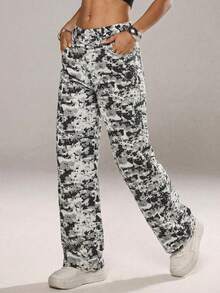 SHEIN ICON 女士迷彩印花低腰直筒牛仔裤 - 彩色 - 查看 7