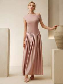 Anewsta 女士优雅连衣裙，度假连衣裙，缎面拼接不对称肩部针织婚礼派对粉色喇叭裙 - 粉色 - 查看 4