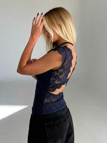 Aloruh Deep V-Neck Lace Backless Sexy Camisole - Navy Blue - View 6