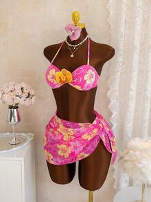 Bonvoyette Conjunto de 3 piezas de bikini de estilo de vacaciones para damas con falda de gasa fluida con estampado de flores, tipo halter para primavera/verano y festival de música en la playa - Multicolor - Ver 4