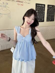 DAZY Women's Solid Color Pleated Casual Versatile Blouse For Dating & Outings Babydoll Top Summer - Blue - View 9